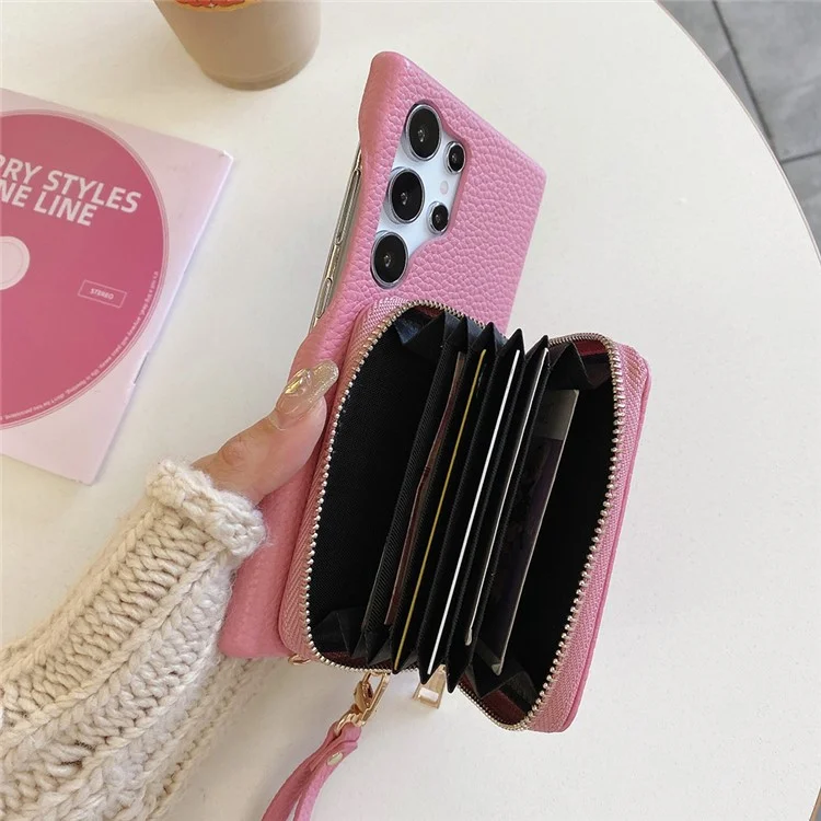 Funda para Samsung Galaxy S25 Ultra con ranuras para tarjetas y cremallera, cubierta trasera de piel sintética con correa para la muñeca - Rosa