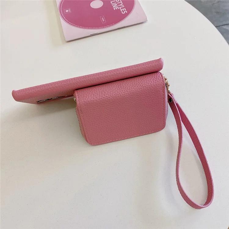 Funda para Samsung Galaxy S25 Ultra con ranuras para tarjetas y cremallera, cubierta trasera de piel sintética con correa para la muñeca - Rosa