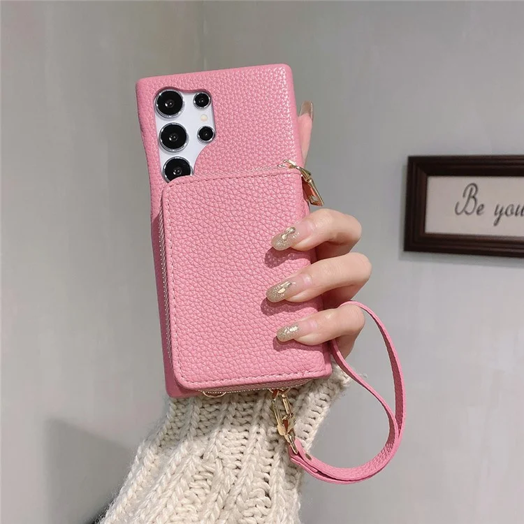 Funda para Samsung Galaxy S25 Ultra con ranuras para tarjetas y cremallera, cubierta trasera de piel sintética con correa para la muñeca - Rosa