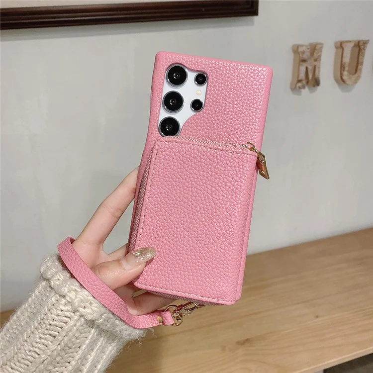 Funda para Samsung Galaxy S25 Ultra con ranuras para tarjetas y cremallera, cubierta trasera de piel sintética con correa para la muñeca - Rosa