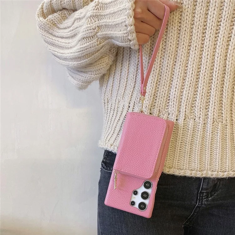 Funda para Samsung Galaxy S25 Ultra con ranuras para tarjetas y cremallera, cubierta trasera de piel sintética con correa para la muñeca - Rosa
