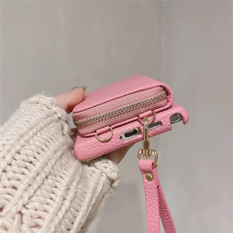 Funda para Samsung Galaxy S25 Ultra con ranuras para tarjetas y cremallera, cubierta trasera de piel sintética con correa para la muñeca - Rosa