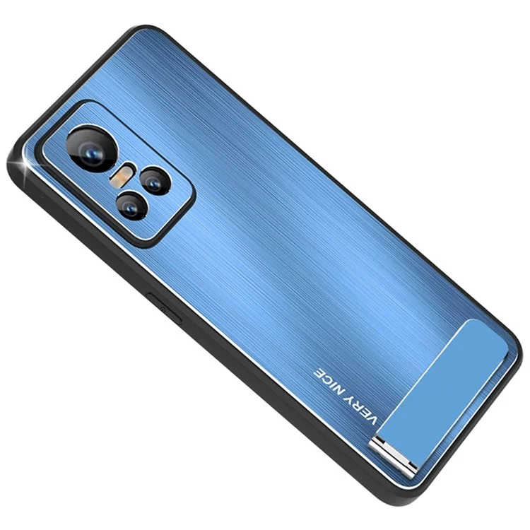 For Realme GT Neo3 TPU Frame Aluminium Alloy Back Brushed Phone Case Kickstand Protective Cover - Blue