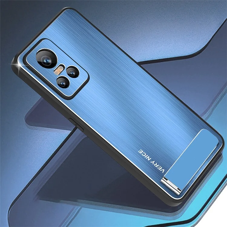 For Realme GT Neo3 TPU Frame Aluminium Alloy Back Brushed Phone Case Kickstand Protective Cover - Blue
