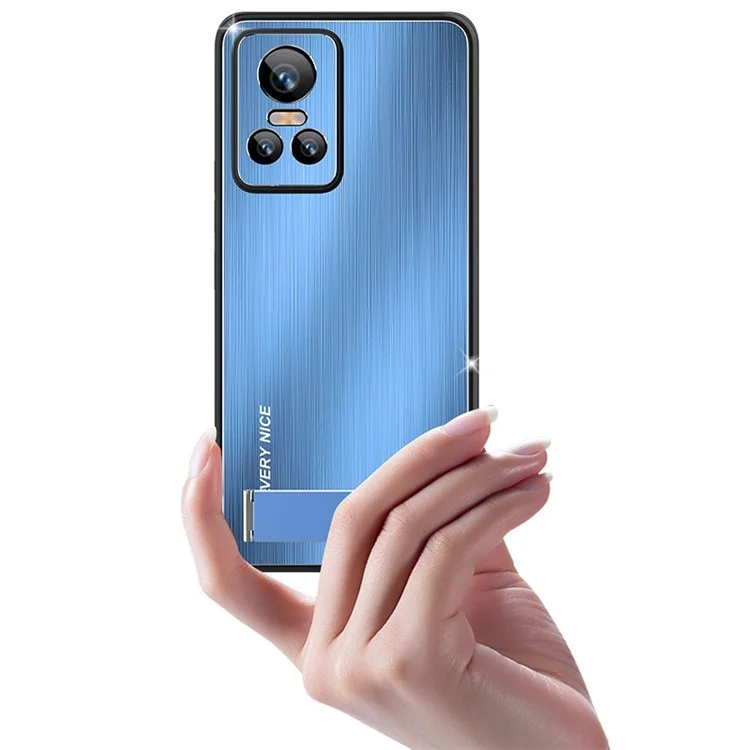 For Realme GT Neo3 TPU Frame Aluminium Alloy Back Brushed Phone Case Kickstand Protective Cover - Blue