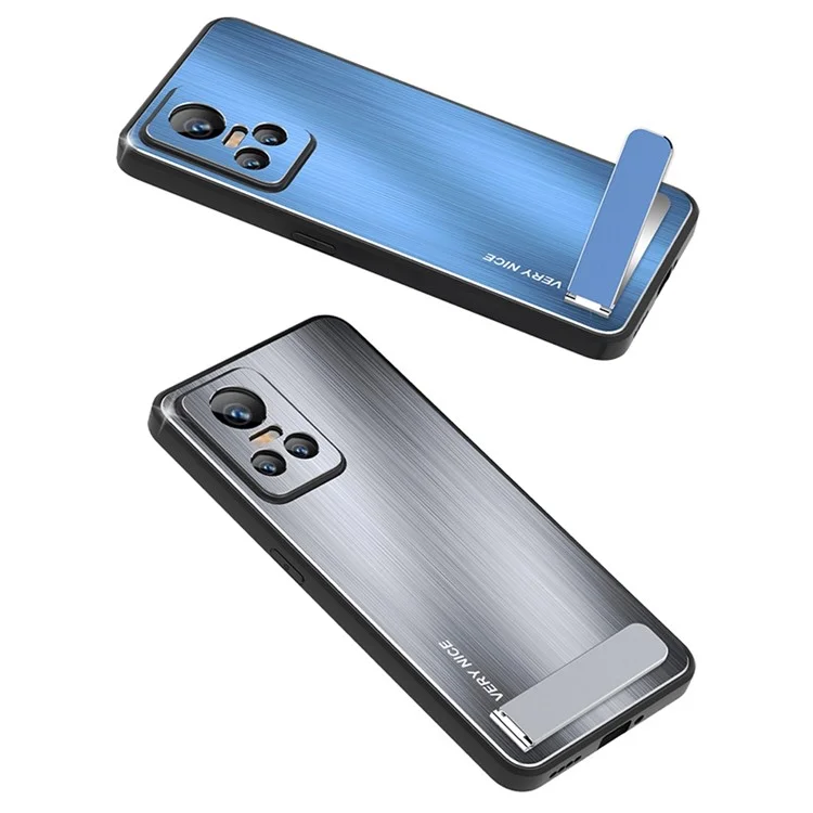 For Realme GT Neo3 TPU Frame Aluminium Alloy Back Brushed Phone Case Kickstand Protective Cover - Blue