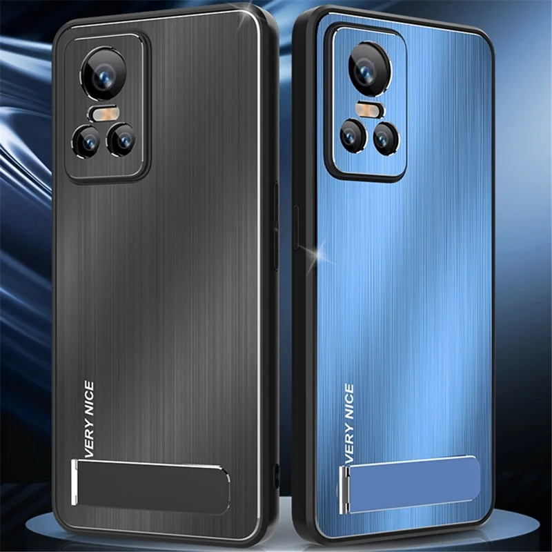 For Realme GT Neo3 TPU Frame Aluminium Alloy Back Brushed Phone Case Kickstand Protective Cover - Blue