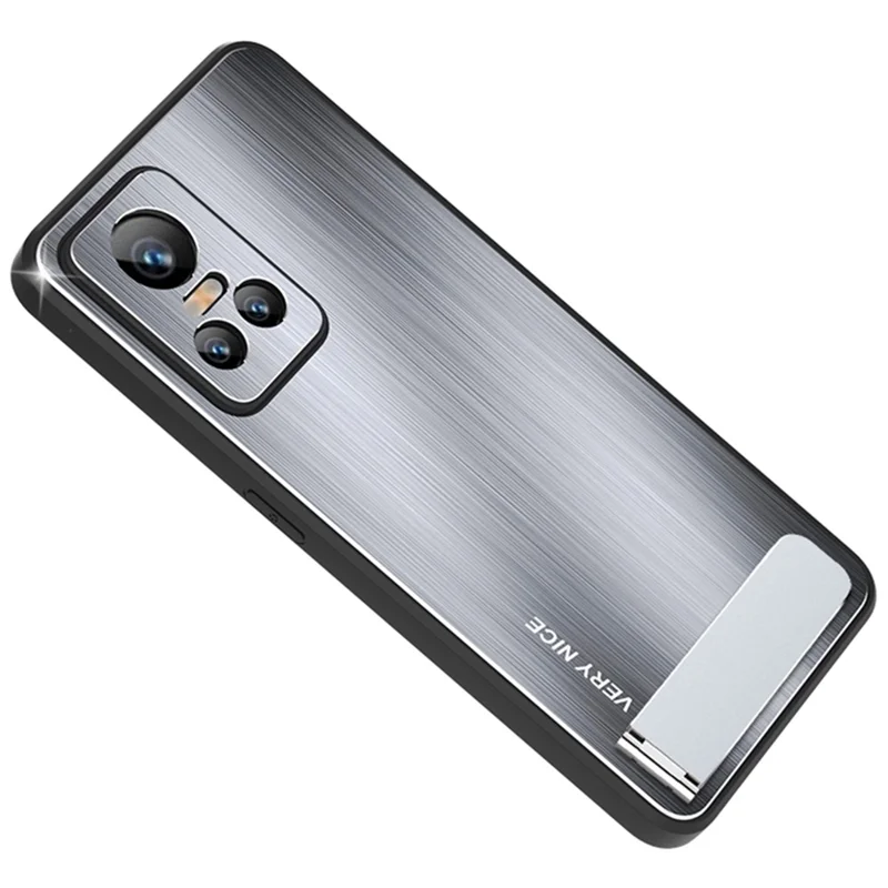 For Realme GT Neo3 TPU Frame Aluminium Alloy Back Brushed Phone Case Kickstand Protective Cover - Silver