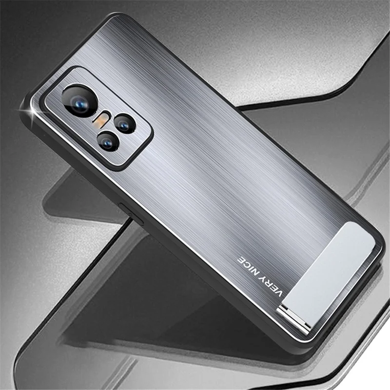 For Realme GT Neo3 TPU Frame Aluminium Alloy Back Brushed Phone Case Kickstand Protective Cover - Silver