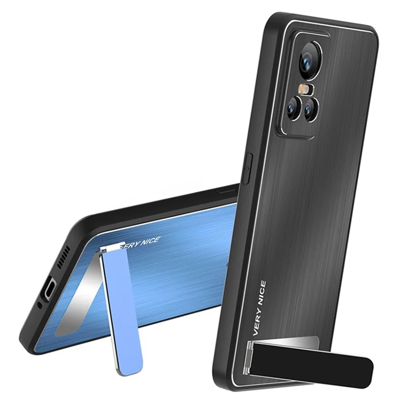 For Realme GT Neo3 TPU Frame Aluminium Alloy Back Brushed Phone Case Kickstand Protective Cover - Silver