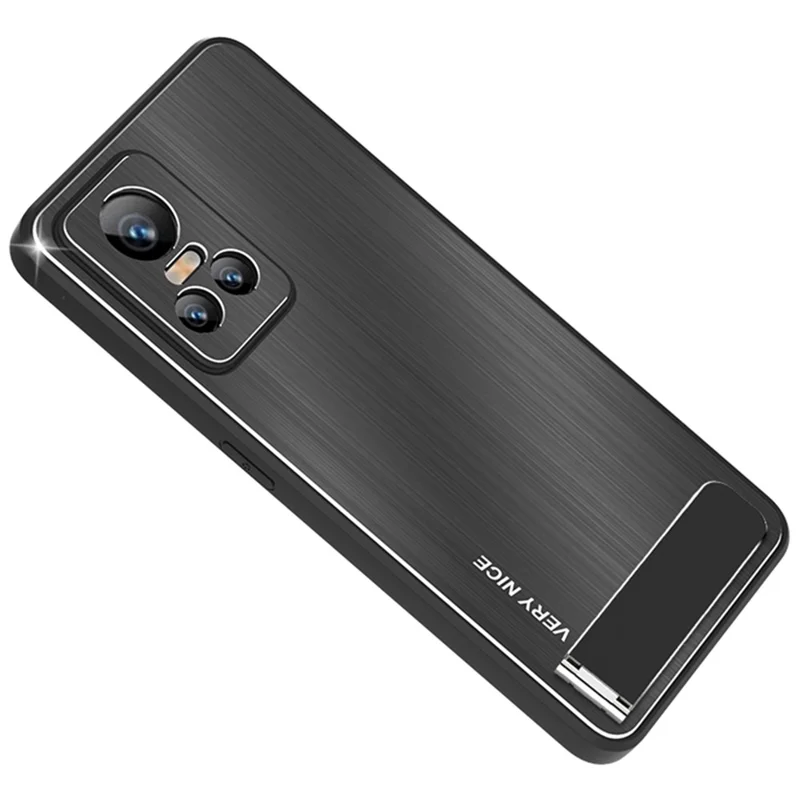 For Realme GT Neo3 TPU Frame Aluminium Alloy Back Brushed Phone Case Kickstand Protective Cover - Black