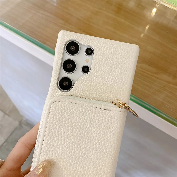 Funda para Samsung Galaxy S23 Ultra con ranuras para tarjetas y cremallera, cubierta trasera de piel sintética con correa para la muñeca - Blanco