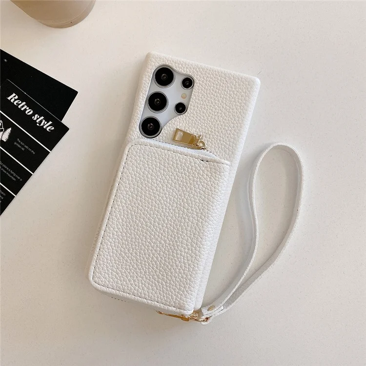 Funda para Samsung Galaxy S23 Ultra con ranuras para tarjetas y cremallera, cubierta trasera de piel sintética con correa para la muñeca - Blanco