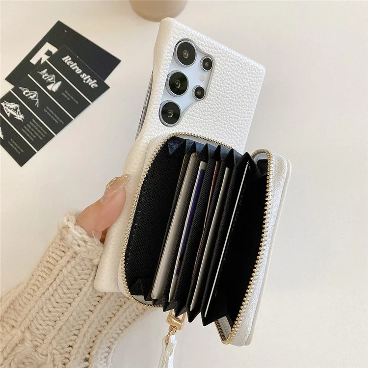 Funda para Samsung Galaxy S23 Ultra con ranuras para tarjetas y cremallera, cubierta trasera de piel sintética con correa para la muñeca - Blanco