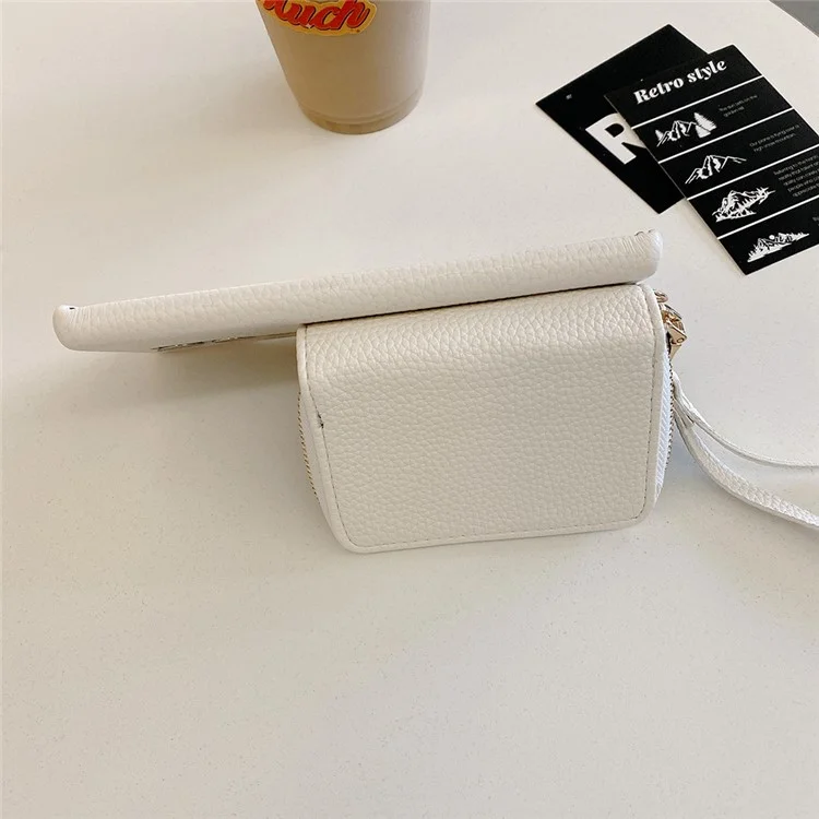 Funda para Samsung Galaxy S23 Ultra con ranuras para tarjetas y cremallera, cubierta trasera de piel sintética con correa para la muñeca - Blanco