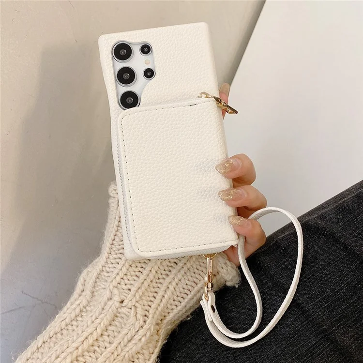 Funda para Samsung Galaxy S23 Ultra con ranuras para tarjetas y cremallera, cubierta trasera de piel sintética con correa para la muñeca - Blanco