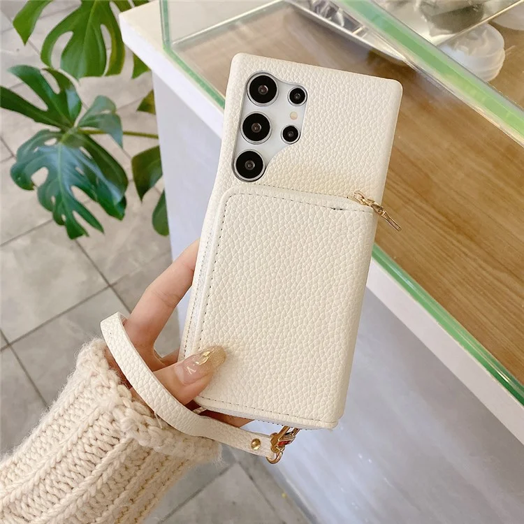 Funda para Samsung Galaxy S23 Ultra con ranuras para tarjetas y cremallera, cubierta trasera de piel sintética con correa para la muñeca - Blanco