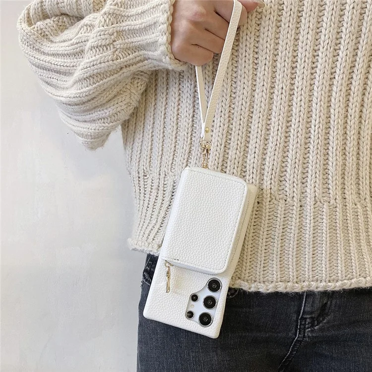 Funda para Samsung Galaxy S23 Ultra con ranuras para tarjetas y cremallera, cubierta trasera de piel sintética con correa para la muñeca - Blanco