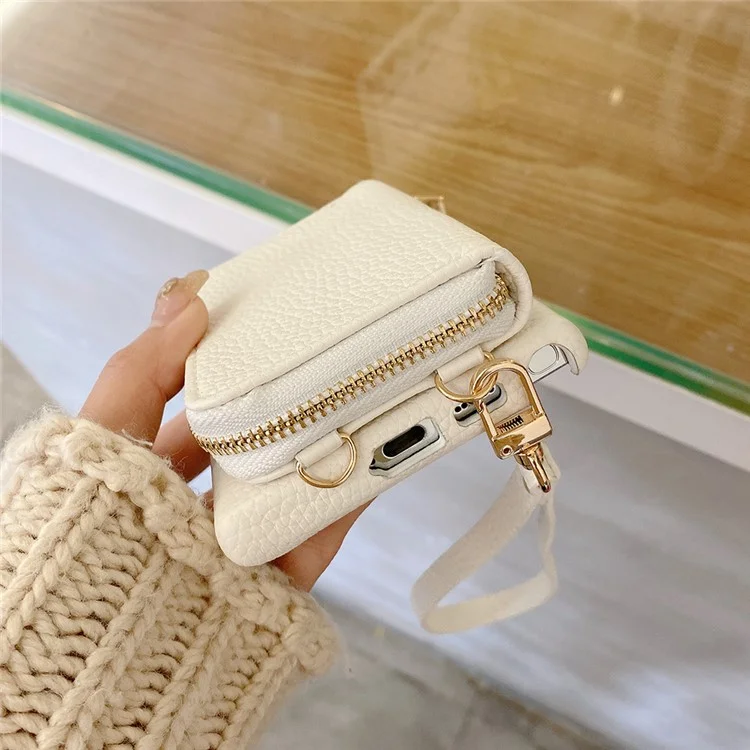 Funda para Samsung Galaxy S23 Ultra con ranuras para tarjetas y cremallera, cubierta trasera de piel sintética con correa para la muñeca - Blanco