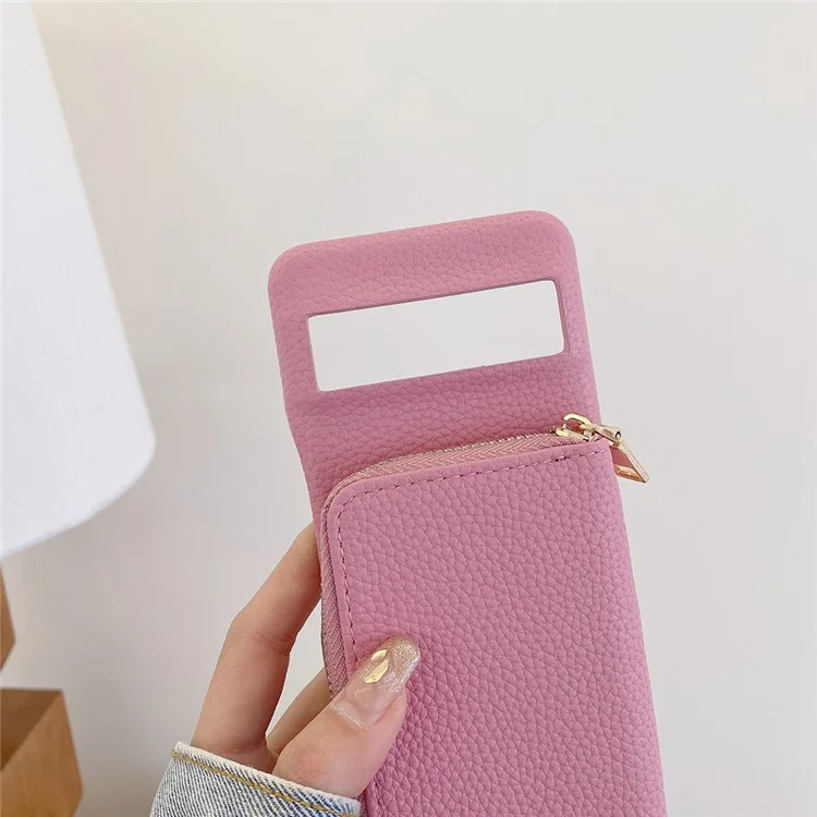 Custodia per Google Pixel 8 Pro con slot per schede e cerniera, cover posteriore in pelle PU con cinturino da polso - Rosa