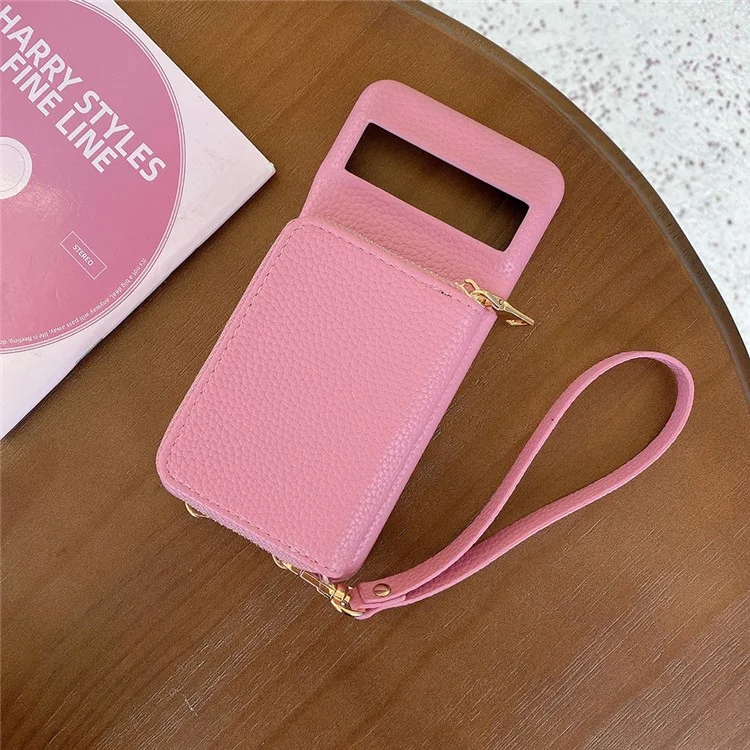 Custodia per Google Pixel 8 Pro con slot per schede e cerniera, cover posteriore in pelle PU con cinturino da polso - Rosa