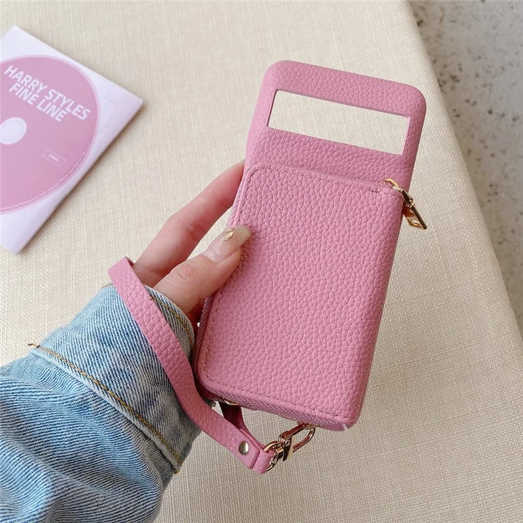 Custodia per Google Pixel 8 Pro con slot per schede e cerniera, cover posteriore in pelle PU con cinturino da polso - Rosa