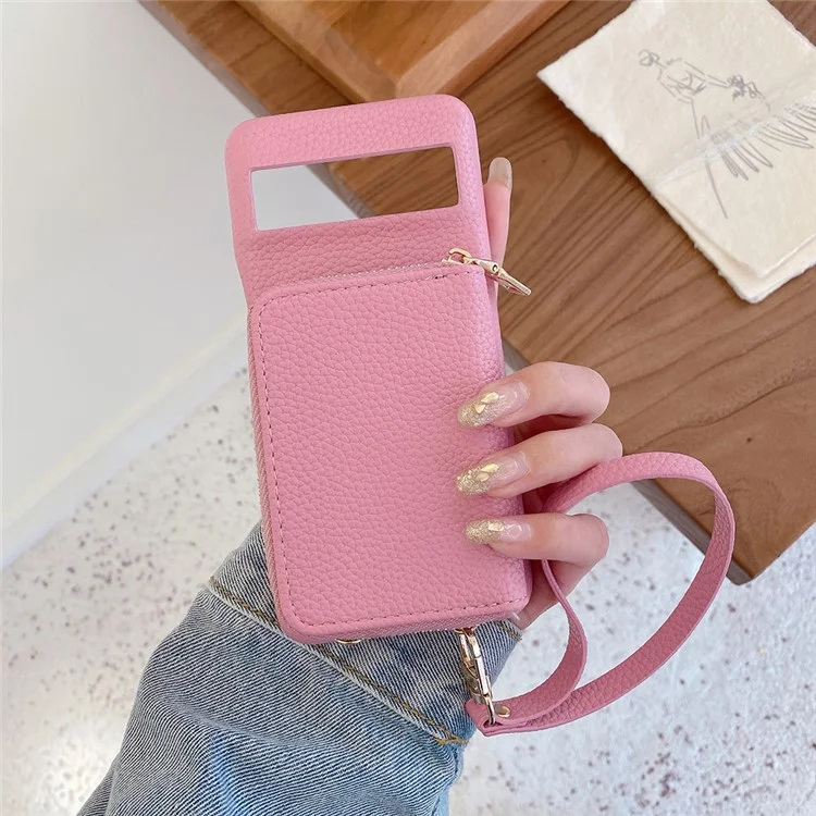 Custodia per Google Pixel 8 Pro con slot per schede e cerniera, cover posteriore in pelle PU con cinturino da polso - Rosa