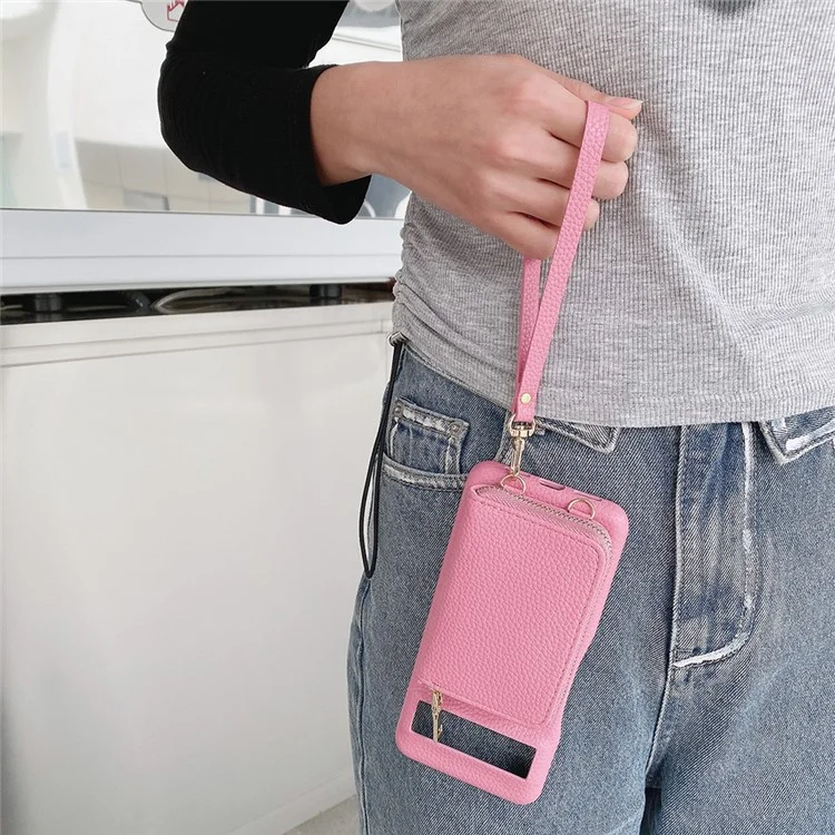 Custodia per Google Pixel 8 Pro con slot per schede e cerniera, cover posteriore in pelle PU con cinturino da polso - Rosa