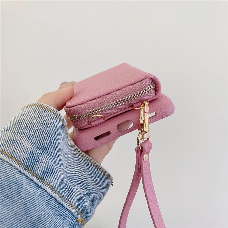 Custodia per Google Pixel 8 Pro con slot per schede e cerniera, cover posteriore in pelle PU con cinturino da polso - Rosa