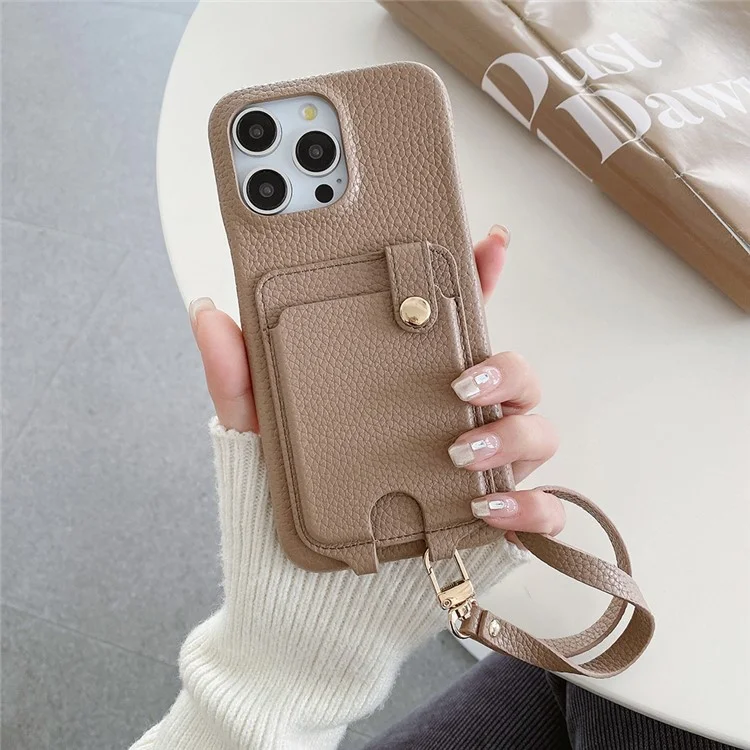 Coque pour iPhone 14 Pro avec emplacements pour cartes multifonctionnels, couvercle arrière en cuir avec dragonne - Marron clair