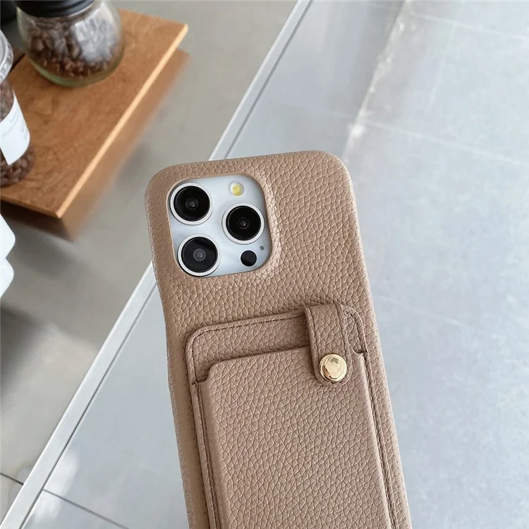 Coque pour iPhone 14 Pro avec emplacements pour cartes multifonctionnels, couvercle arrière en cuir avec dragonne - Marron clair