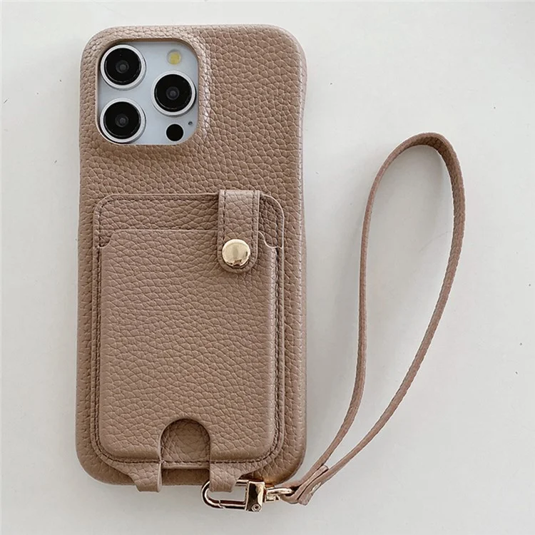 Coque pour iPhone 14 Pro avec emplacements pour cartes multifonctionnels, couvercle arrière en cuir avec dragonne - Marron clair
