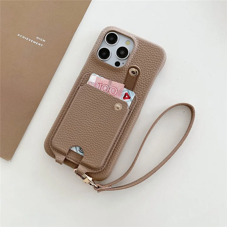 Coque pour iPhone 14 Pro avec emplacements pour cartes multifonctionnels, couvercle arrière en cuir avec dragonne - Marron clair