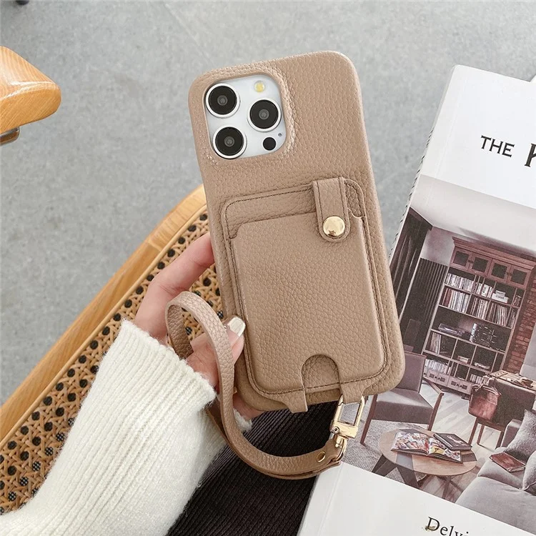 Coque pour iPhone 14 Pro avec emplacements pour cartes multifonctionnels, couvercle arrière en cuir avec dragonne - Marron clair