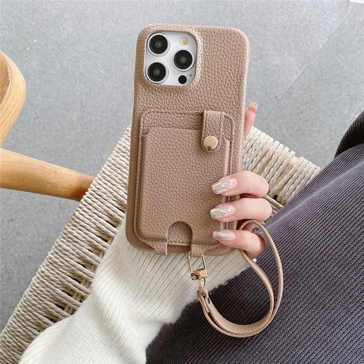 Coque pour iPhone 14 Pro avec emplacements pour cartes multifonctionnels, couvercle arrière en cuir avec dragonne - Marron clair