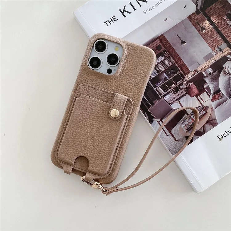 Coque pour iPhone 14 Pro avec emplacements pour cartes multifonctionnels, couvercle arrière en cuir avec dragonne - Marron clair