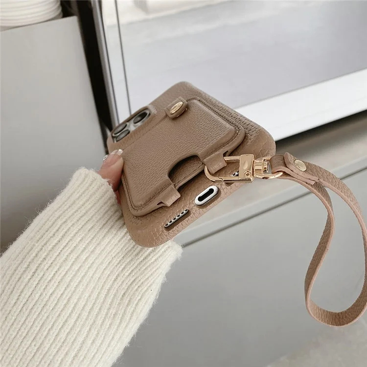 Coque pour iPhone 14 Pro avec emplacements pour cartes multifonctionnels, couvercle arrière en cuir avec dragonne - Marron clair