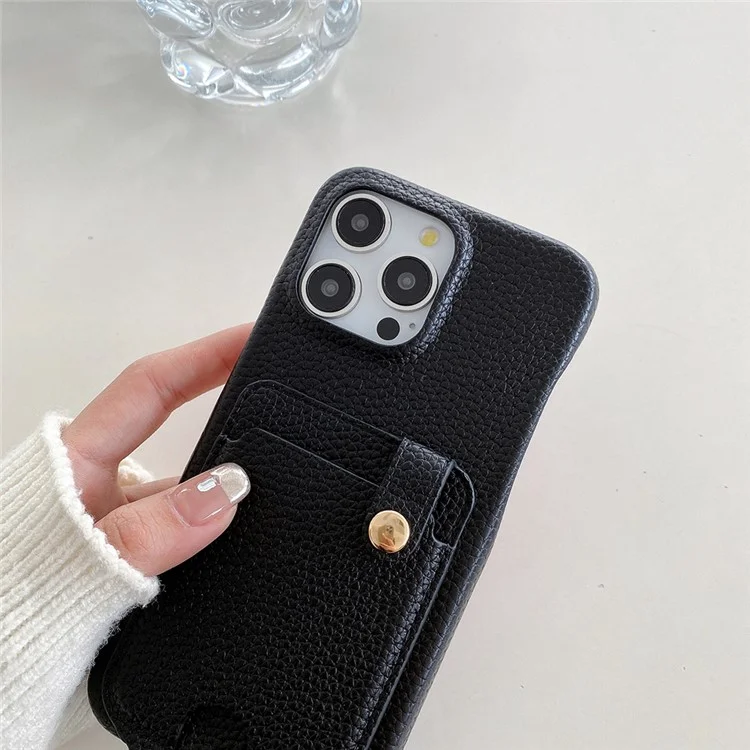 Funda para iPhone 15 Pro con múltiples ranuras para tarjetas, cubierta de cuero en la parte trasera y correa para la muñeca - Negro