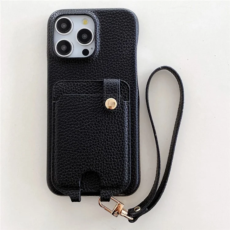 Funda para iPhone 15 Pro con múltiples ranuras para tarjetas, cubierta de cuero en la parte trasera y correa para la muñeca - Negro