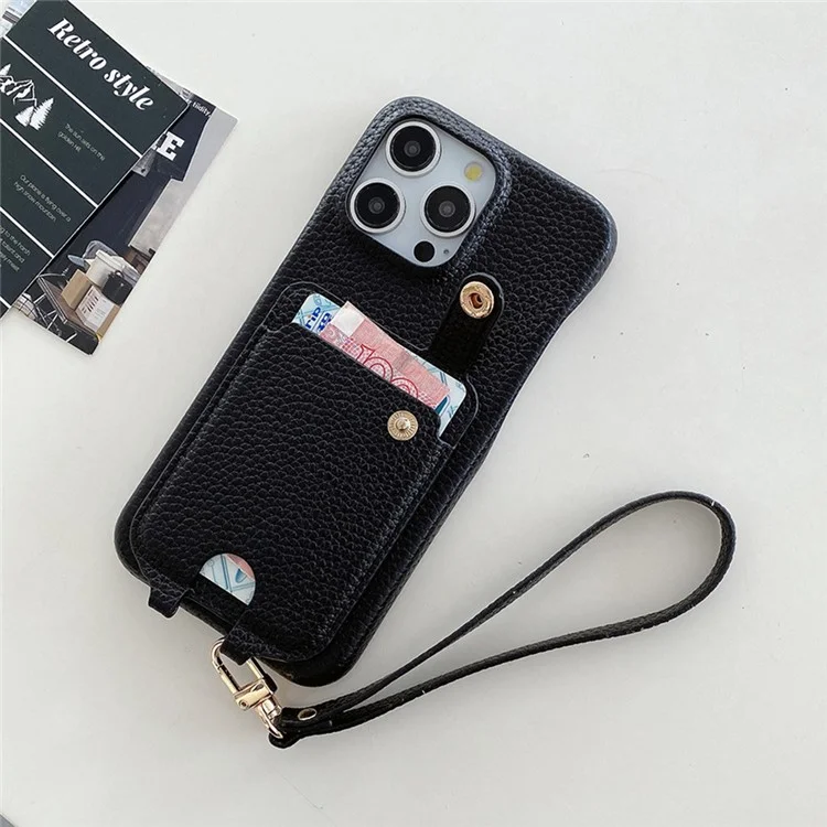 Funda para iPhone 15 Pro con múltiples ranuras para tarjetas, cubierta de cuero en la parte trasera y correa para la muñeca - Negro