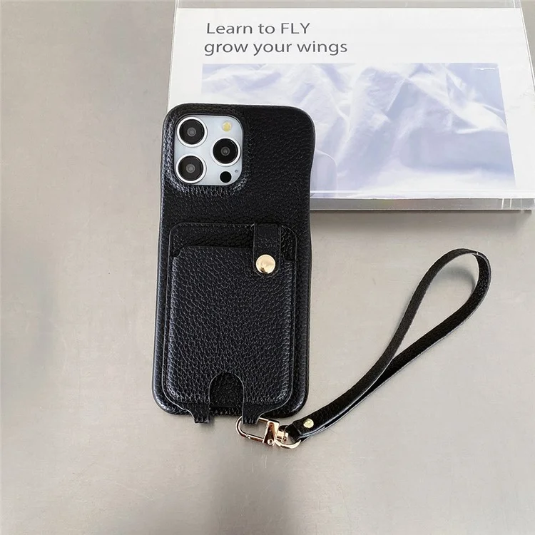 Funda para iPhone 15 Pro con múltiples ranuras para tarjetas, cubierta de cuero en la parte trasera y correa para la muñeca - Negro