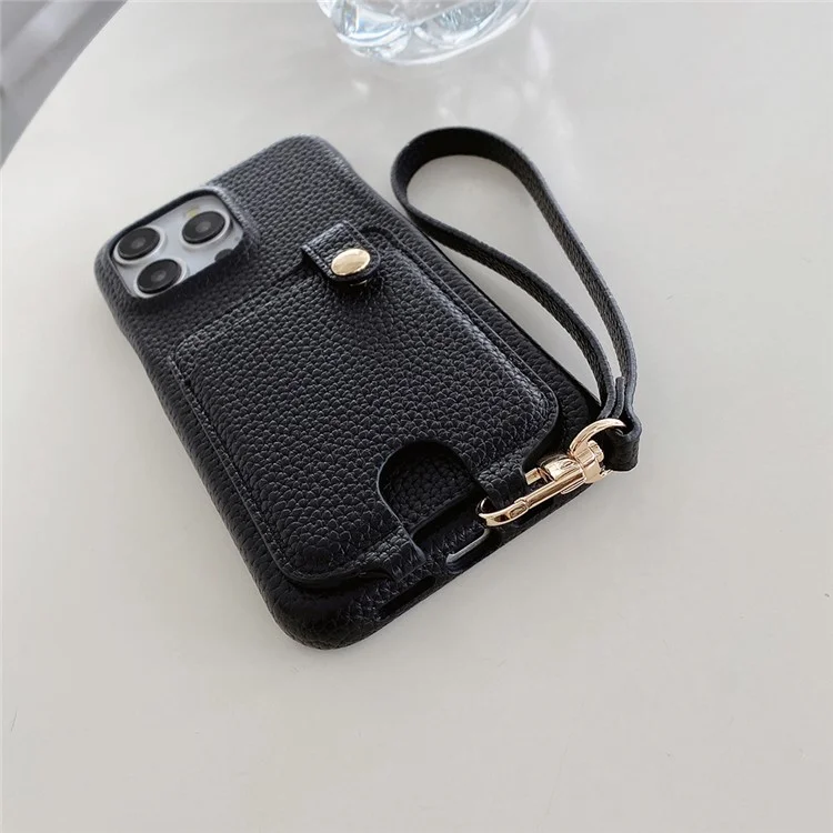 Funda para iPhone 15 Pro con múltiples ranuras para tarjetas, cubierta de cuero en la parte trasera y correa para la muñeca - Negro