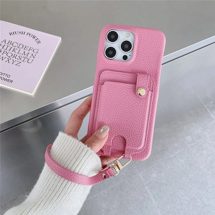 Étui pour iPhone 16 Pro Max multifonctionnel avec emplacements pour cartes, coque arrière en cuir avec dragonne - Rose