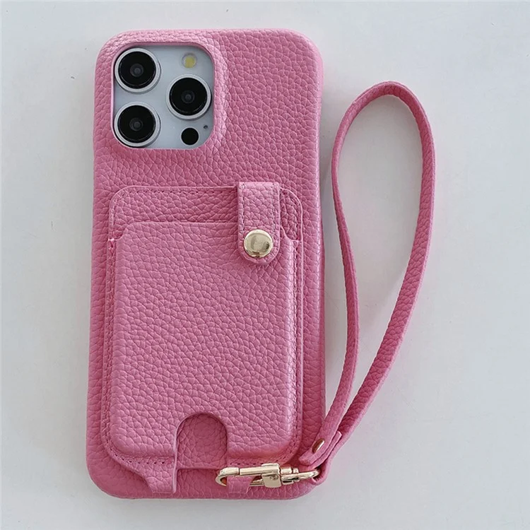 Étui pour iPhone 16 Pro Max multifonctionnel avec emplacements pour cartes, coque arrière en cuir avec dragonne - Rose