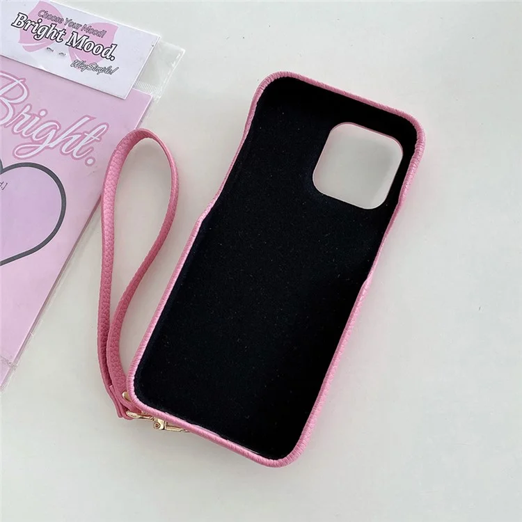 Étui pour iPhone 16 Pro Max multifonctionnel avec emplacements pour cartes, coque arrière en cuir avec dragonne - Rose