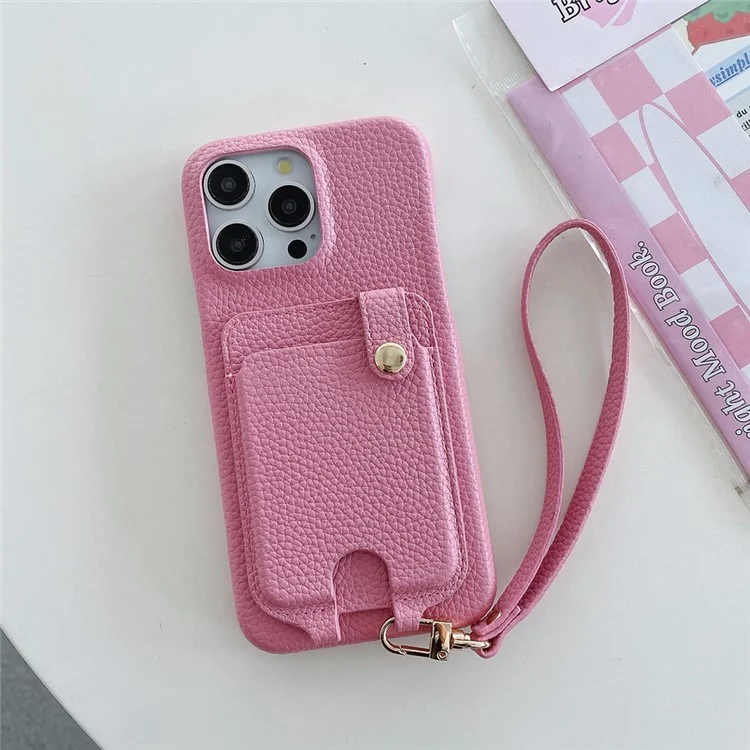 Étui pour iPhone 16 Pro Max multifonctionnel avec emplacements pour cartes, coque arrière en cuir avec dragonne - Rose