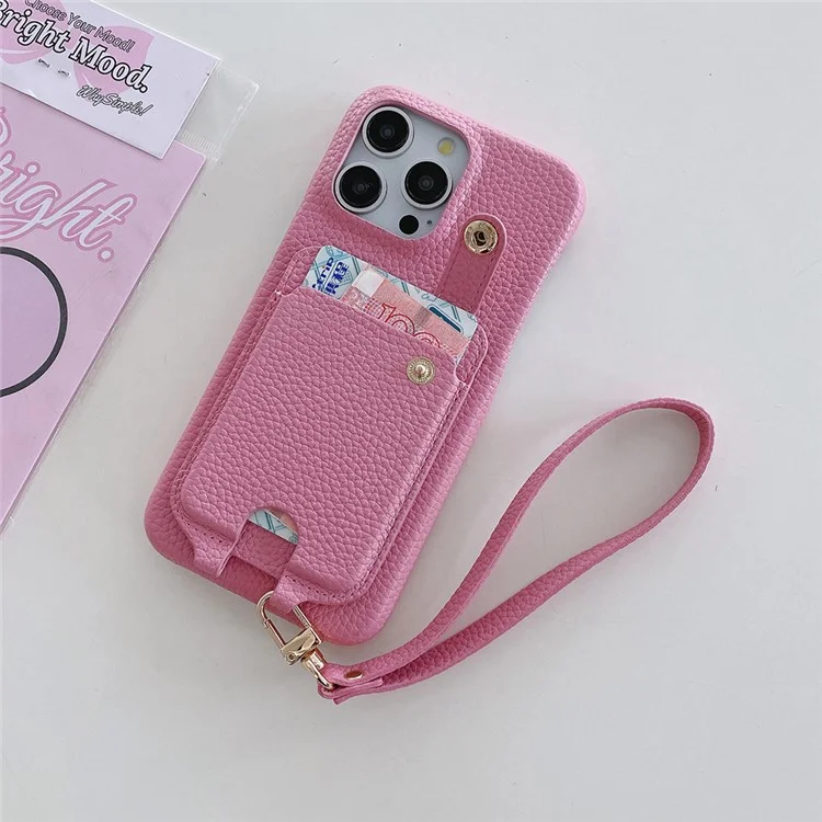 Étui pour iPhone 16 Pro Max multifonctionnel avec emplacements pour cartes, coque arrière en cuir avec dragonne - Rose