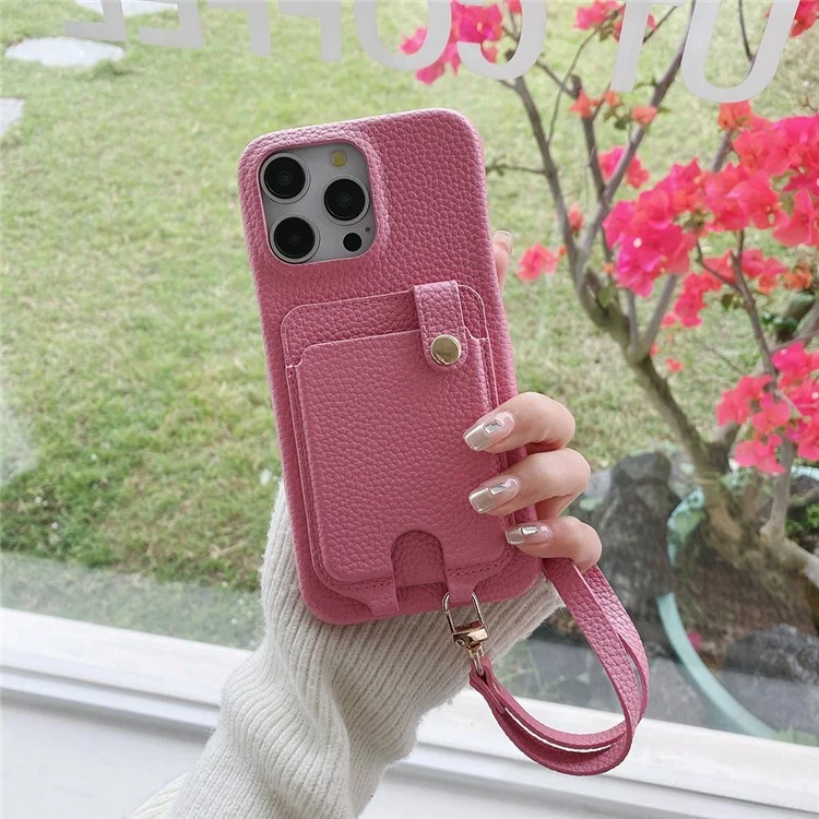 Étui pour iPhone 16 Pro Max multifonctionnel avec emplacements pour cartes, coque arrière en cuir avec dragonne - Rose