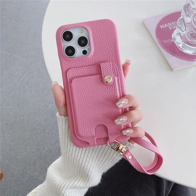 Étui pour iPhone 16 Pro Max multifonctionnel avec emplacements pour cartes, coque arrière en cuir avec dragonne - Rose