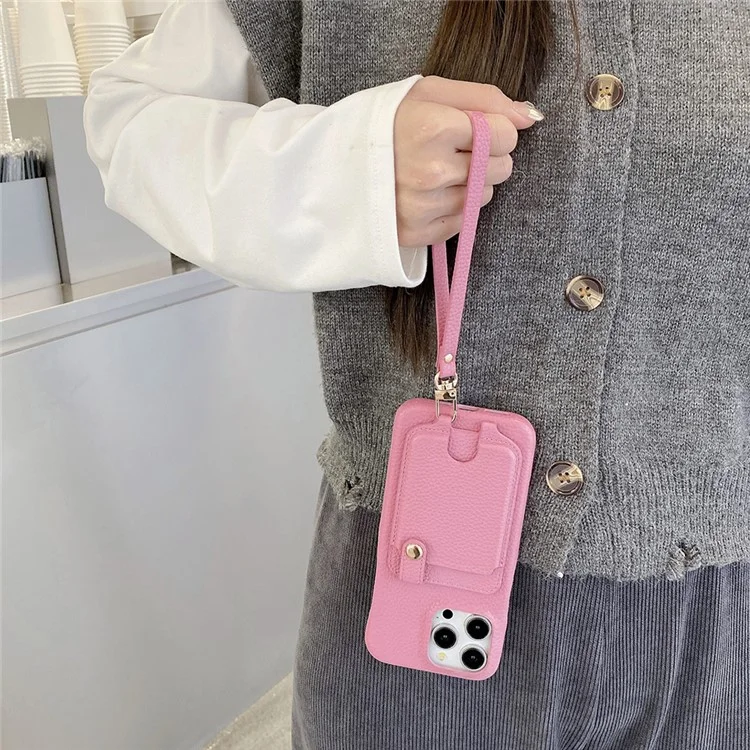 Étui pour iPhone 16 Pro Max multifonctionnel avec emplacements pour cartes, coque arrière en cuir avec dragonne - Rose